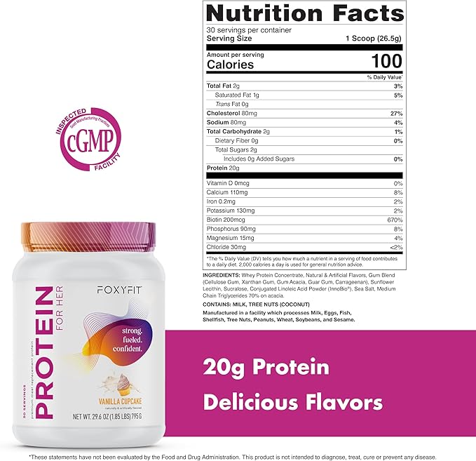 FoxyFit Protein for Her, Vanilla Cupcake Whey Protein Powder with CLA and Biotin for a Healthy Glow (1.85 lbs)