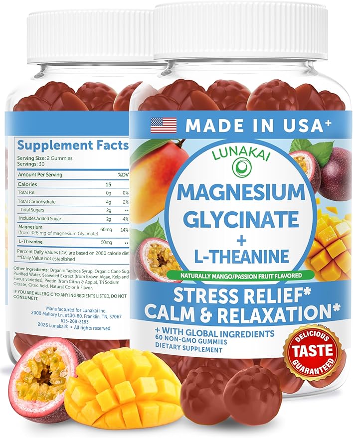 Lunakai USA Made Magnesium Glycinate Gummies with L-Theanine for Kids & Adults – 420mg Magnesium Supplement for Calm, Sleep & Stress Support, 60ct