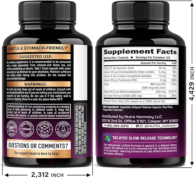 Iron Supplement for Women - Iron 65mg (Ferrous Sulfate 325mg) - Stomach Friendly | Slow Release Iron | High Absorption - Vitamins C, D3, B6, B12 & Folate - Iron Level & Energy Support - 120 Capsules