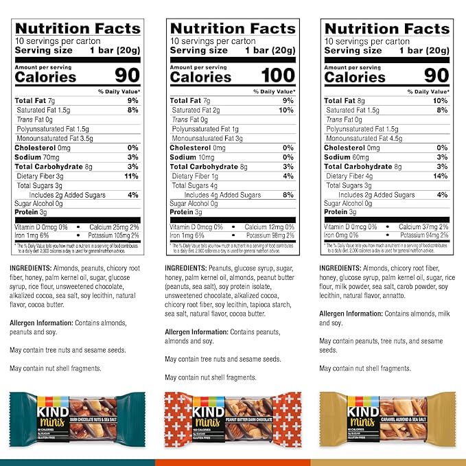 KIND Bar Minis,Variety Pack,Dark Chocolate Nuts and Sea Salt,Peanut Butter,Caramel Almond,Healthy Snacks,3g Protein,Gluten Free,Low Sugar/Calorie Snacks,(Pack of 60)