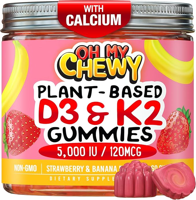 OH MY CHEWY Double-Flavored Vitamin D3 K2 & Calcium Fluffy Gummies - Supplement for Healthy Teeth, Bone & Energy - 5000 IU D3, 120 mcg K2(MK-7), 120 mg CA - Vegan & Non-GMO - 60 Count
