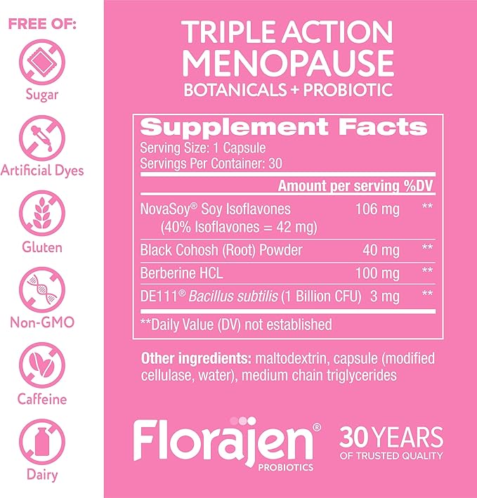 Florajen Triple-Action Menopause Probiotic - Hormonal Balance, Hot Flash, & Mood Swing Relief - Weight Management & Digestive Support - Featuring Berberine, Black Cohosh, & Botanical - 30 Capsules