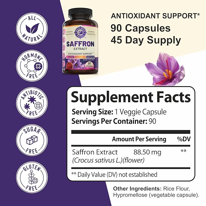 100% Pure Saffron Extract - Supports Weight and Appetite Health, Mood, Focus, Memory, Digestion, Eye, Skin and Brain Health. NSF Certified Saffron Supplements for Women and Men.