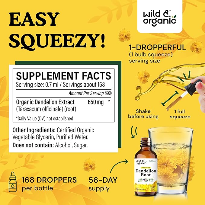 Wild & Organic Dandelion Root Extract Drops - Liver Cleanse Detox - Herbal Dandelion Tincture - Liver Support Supplement - Add to Tea - Vegan, Sugar & Alcohol-Free Liquid Drops - 4 fl oz