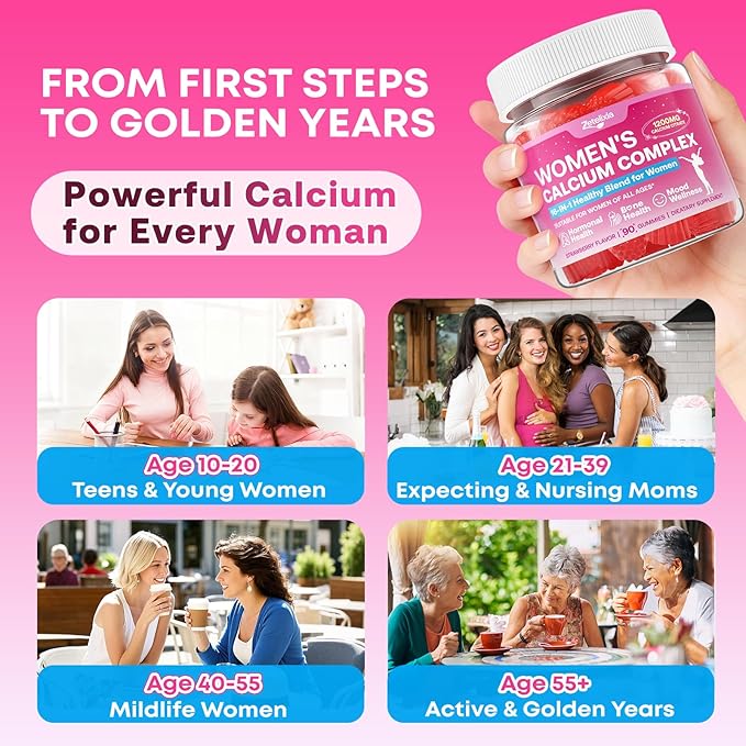 Calcium Gummies for Women, Calcium Citrate 1200mg with Vitamin D3 K2, Collagen & Biotin, B0ne, Teeth, Immune & Hormone Support, Sugar Free, Non-GMO, Gluten-Free, Strawberry Flavor, 90 Count