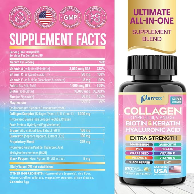 Collagen Peptides Types I, II, III, V & X, MCG Biotin, Keratin, Hyaluronic Acid, MSM, Zinc, Grape Seed Extract, Quercetin, Vitamin A, Vitamin C, Vitamin E, Magnesium, Folic Acid (270 Capsules)