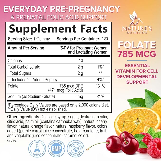 Folic Acid Gummies for Women - Folate 785 mcg Per Serving - Essential Prenatal Vitamins for Mom & Baby, Vegan Folic Supplement Gummy, Daily B9 Vitamin, Before During After Pregnancy - 120 Gummies