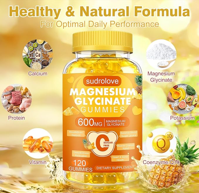 Magnesium Glycinate Gummies 600mg- Sugar Free Mg Potassium Supplement with Magnesium Glycinate, Vitamin D, B6 and CoQ10 for Calm Support & Sleep for Adults, 60 Days Supply ((Pack of 2), Pineapple)