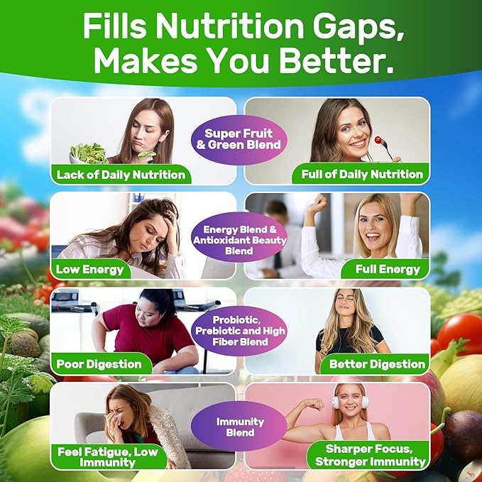 Super Greens Multivitamin Gummies, Daily Greens Superfood Gummies w/Spirulina, Chlorella, Multivitamins, Prebiotic Fiber, Adaptogens, Support Digestive & Gut Health, Immunity, Focus & Energy, 120Cts