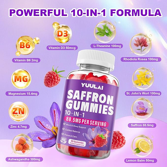 Pack of 2 Saffron Gummies, 10-in-1 Saffron Supplements for Kids & Adults with 88.5mg Saffron Extract, for Emotions, Zzz, Sugar Free, Raspberry Flavor, 120 Count