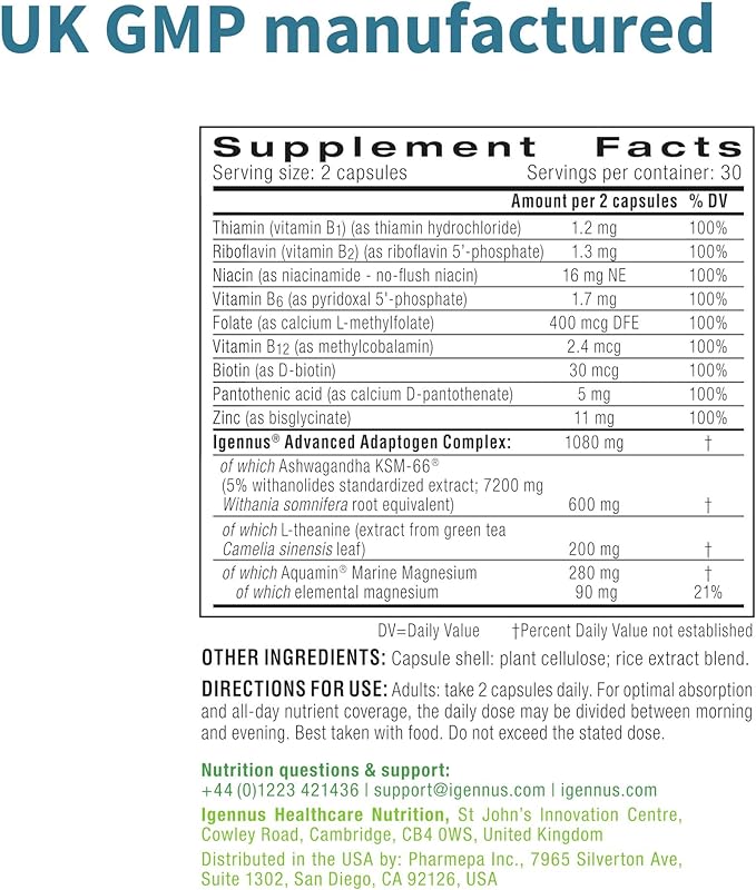 Igennus High Strength Ashwagandha, Magnesium, & L-Theanine Stress Relief Complex, KSM-66 Root Extract Adaptogens, Boosted with Methylfolate, Zinc & Biotin Clean Label, 60 Fast Acting Capsules