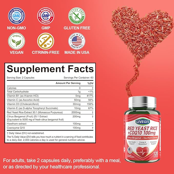 Red Yeast Rice 2000mg with CoQ10 100mg - Citrinin Free Heart Health Supplement with Citrus Bergamot & Hawthorn - Supports Healthy Cholesterol Levels - Vegan, Non-GMO Capsules 120 Counts
