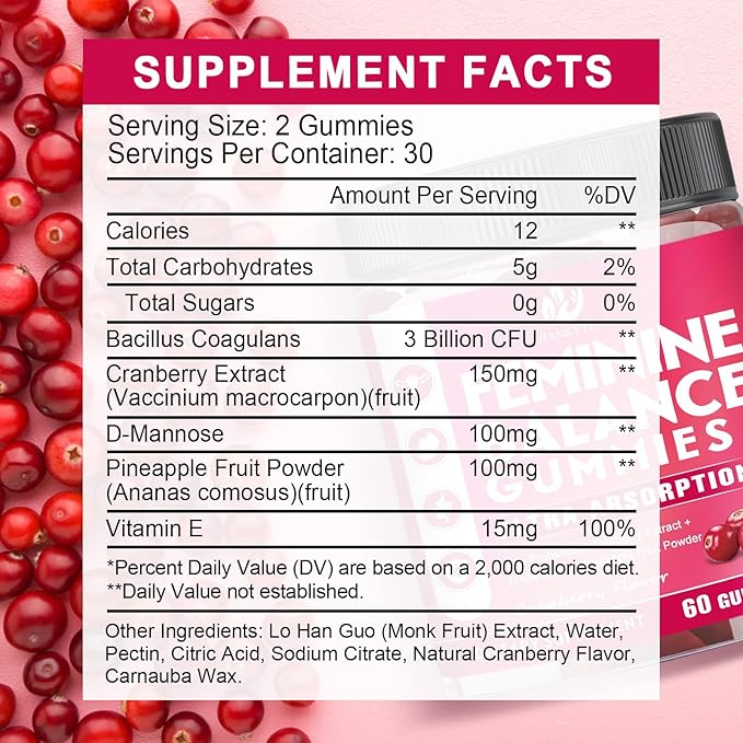 Feminine Balance Gummies for Women Sugar Free - Vaginal Health, Antioxidant, Digestive Health, PH Balance Support, Vaginal Probiotics for Women Gummies - Max Absorption, 60 Gummies (1 Pack)