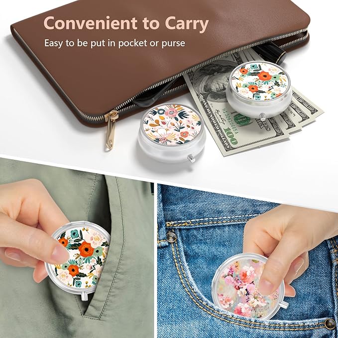 3 Pack Pill Box, Small Pill Case for Purse & Pocket, Cute Travel Medicine Organizer, Portable Medicine Container Holder to Hold Vitamins, Medication, Fish Oil & Supplement, Pink White Flowers
