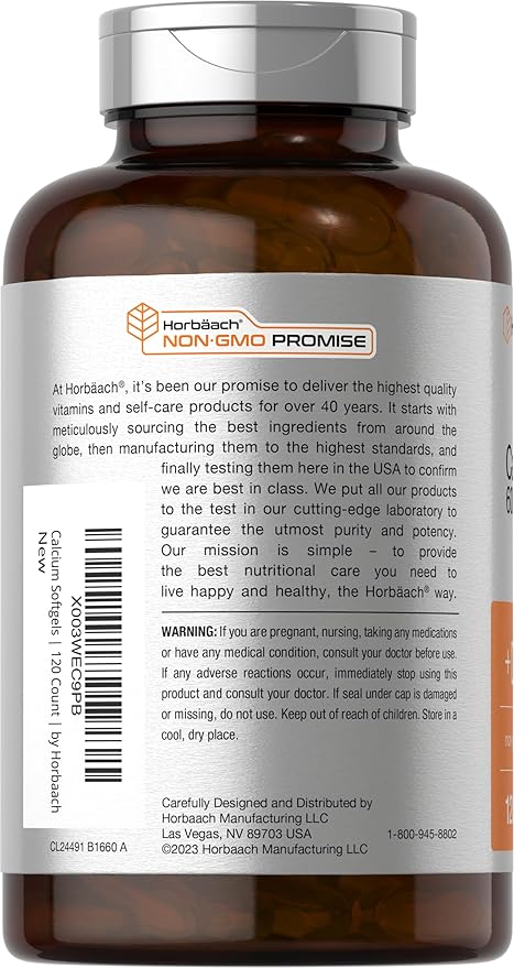 Horbäach Calcium Supplement with Vitamin D3 | 600 mg | 120 Softgels | Non-GMO & Gluten Free | for Men and Women