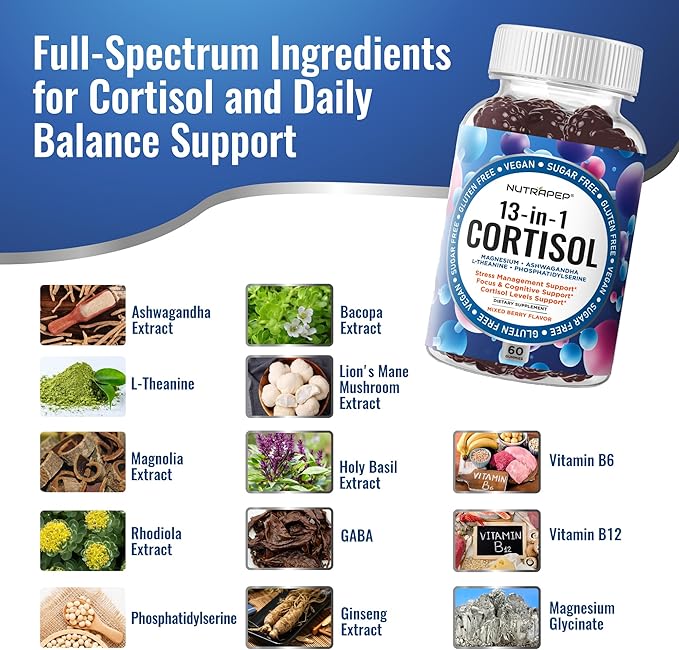 Cortisol Gummies for Women Men - 13-in-1 High Cortisol Reducer with Ashwagandha Magnesium L-theanine Rhodiola Rosea - Daily Cortisol Detox Manager for Stress Focus Support (Pack of 2)