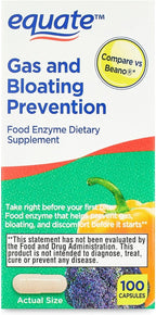 Equate Gas and Bloating Relief Prevention, Food Enzyme Dietary Supplement Capsules 100 Count (Pack of 1) - Set By Basket Goods