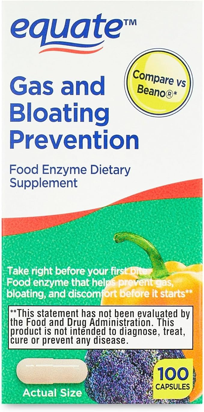 Equate Gas and Bloating Relief Prevention, Food Enzyme Dietary Supplement Capsules 100 Count (Pack of 1) - Set By Basket Goods