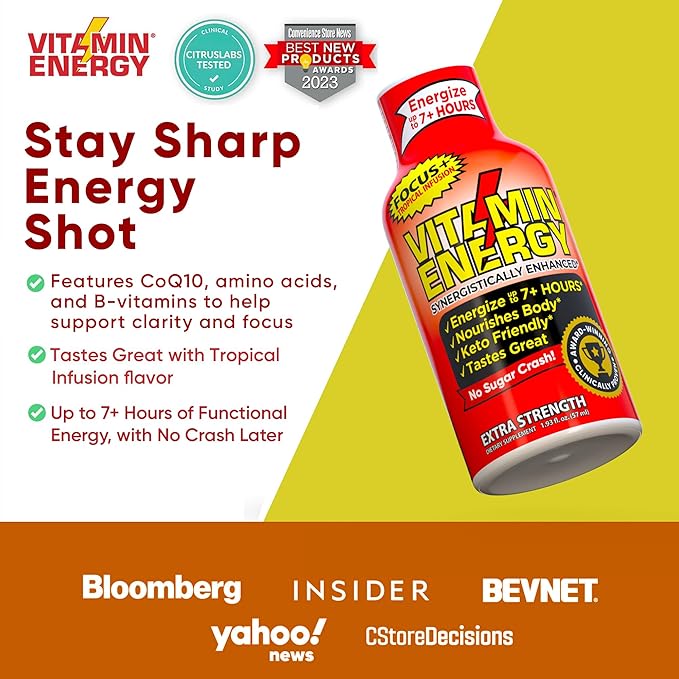 Vitamin Energy Focus+ Extra Strength Energy Shot Tropical Infusion 48 Pack, 260mg Natural Caffeine, B-Vitamins, CoQ10, Amino Acids, Focus, Productivity & Clarity, Zero Sugar, Gluten-Free, 1.93 fl oz