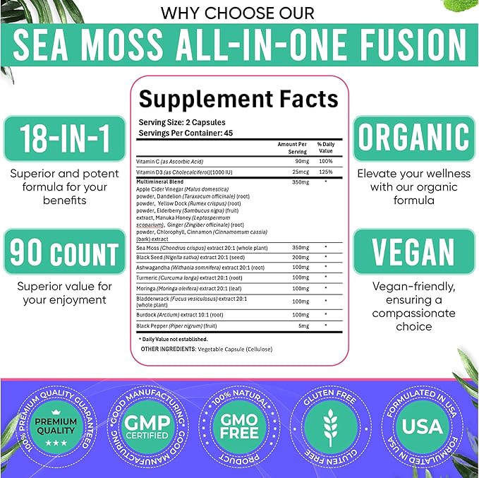 Adndale Sea Moss Capsules - Sea Moss Blend with Ashwagandha, Turmeric & Black Seed Oil - 90 Count
