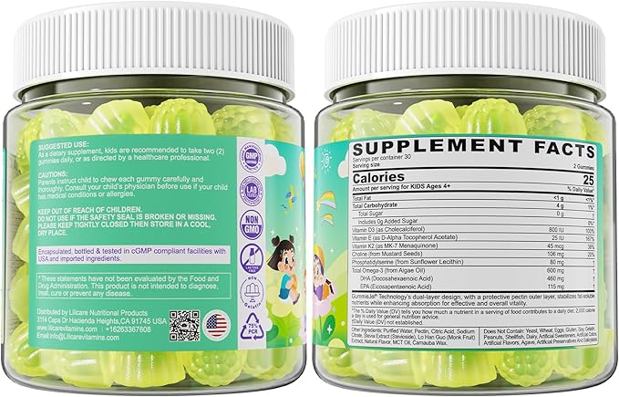 Kids Omega-3 Gummies for 4+, Algae Oil DHA & EPA with Vitamin D3 K2, Choline & PS, Vegan Fish Oil Supplements for Brain, Bone, Cognitive & Immune Health, No Fish Taste, SugarFree, Lemon Flavor, 120Cts