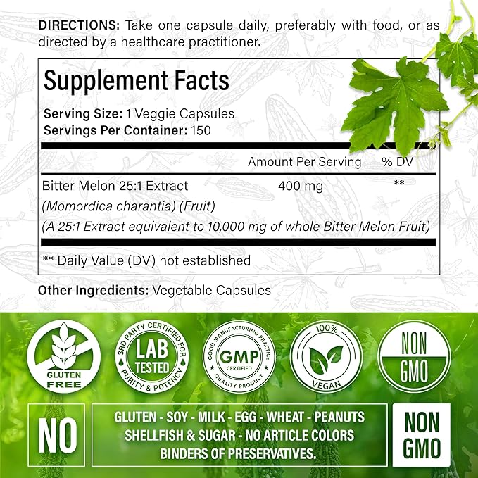 Bitter Melon Capsules| 150 Vegan Capsules| 150 Days Supply| 9,000mg per Serving| Bitter Melon Fruit 25:1 Extract| 100% Pure & Natural| Gluten-Free Supplement| Ultimate Concentrated