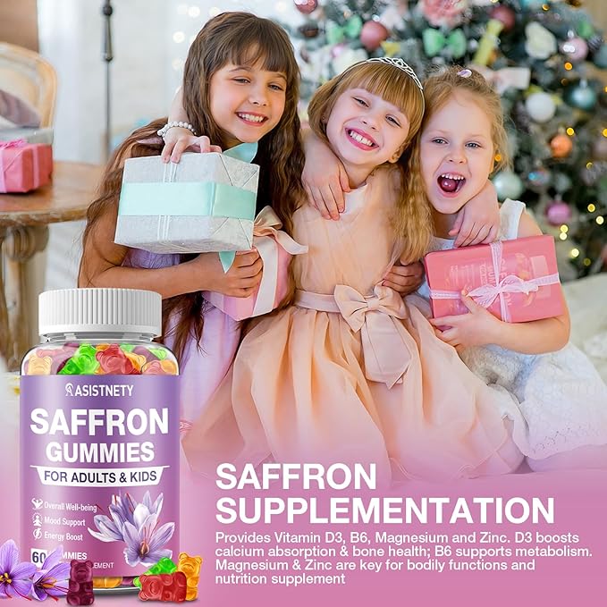 Saffron Gummies for Kids & Adults 88.5mg Saffron Extract, Cαlm, Focus & Mood Support, Saffron Supplement with L-Theanine, St.John's Wort, Lemon Balm, Magnesium, Gentle Nerve & Rest Support (Pack of 2)