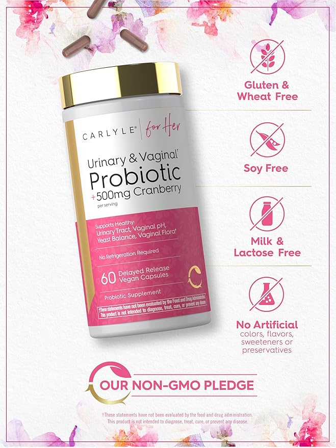 Carlyle Urinary and Vaginal Probiotic for Women | 60 Capsules | with Cranberry | Supports Healthy Urinary Tract, Vaginal pH, Yeast Balance, Vaginal Flora | Vegan, Non-GMO and Gluten Free | for Her