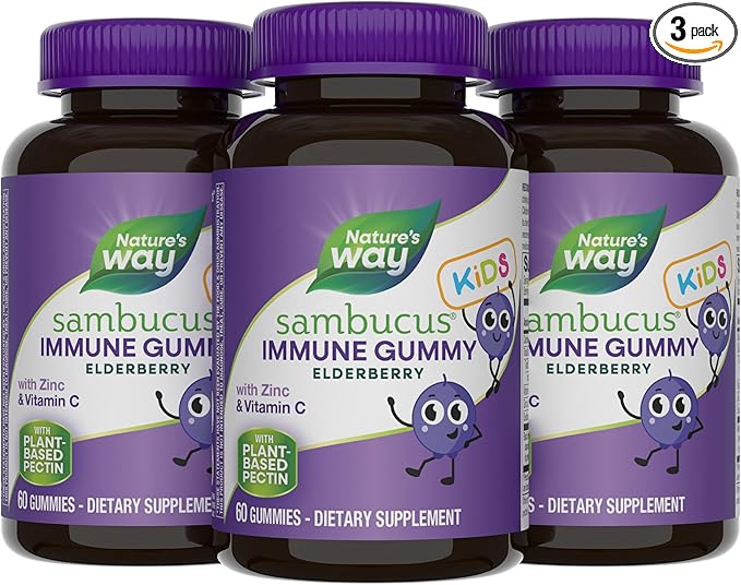 Nature’s Way Sambucus Kids Elderberry Immune Gummies with Black Elderberry Extract, Daily Immune Support Gummy with Vitamin C and Zinc for Children Ages 2+*, 60 Gummies (Set of 3)