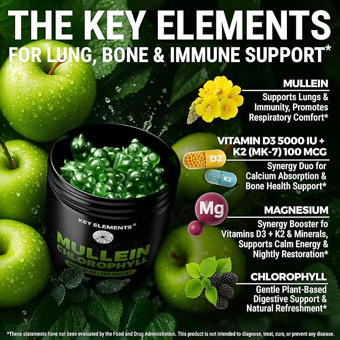 Mullein Gummies for Lung Support with Chlorophyll Magnesium, Vitamin D3 5000 IU & Vitamin K2 100 MCG - Mullein with Chlorophyll Gummies for Lung, Bone, & Immune Support – Vegan, Non-GMO, Gluten-Free