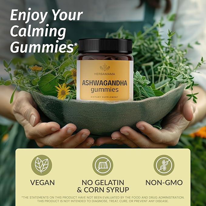 HERBAMAMA Ashwagandha Gummies - 2000mg Pure Ashwagandha Root with Black Pepper for Calm & Mood Support - Vegan, Non-GMO Calming Supplements for Adults - 90 Pectin-Based Banana-Flavored Chews