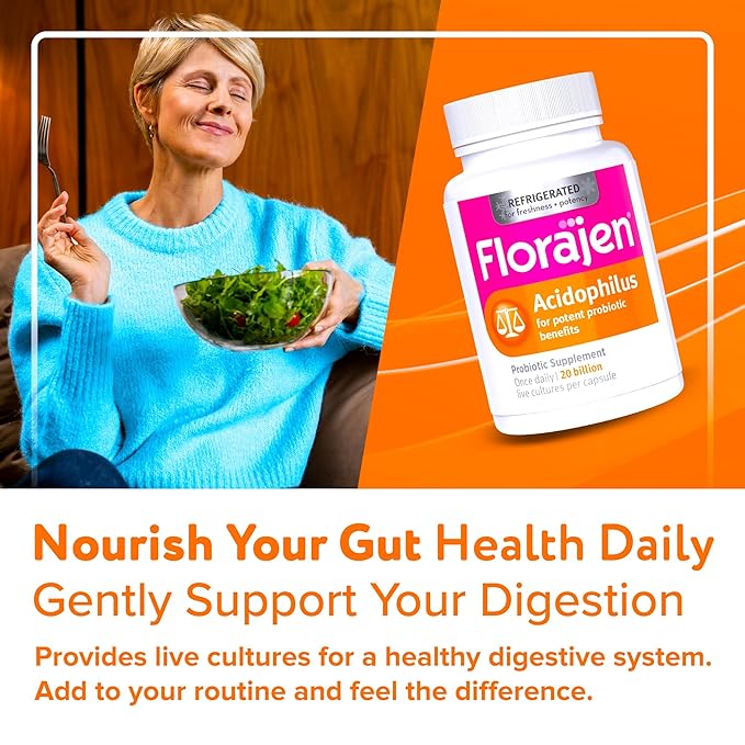 Florajen Acidophilus High Potency Refrigerated Supports Overall Health, 20 Billion CFUs for Potent Probiotic Benefits, Unflavored, 60 Count