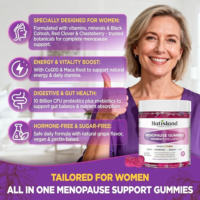 Menopause Supplements for Women Gummies, Hot Flashes & Night Sweats Support, Menopause Relief with Black Cohosh, Chasteberry & Probiotics, Sugar Free, Vegan, Grape Flavor, 60 Count