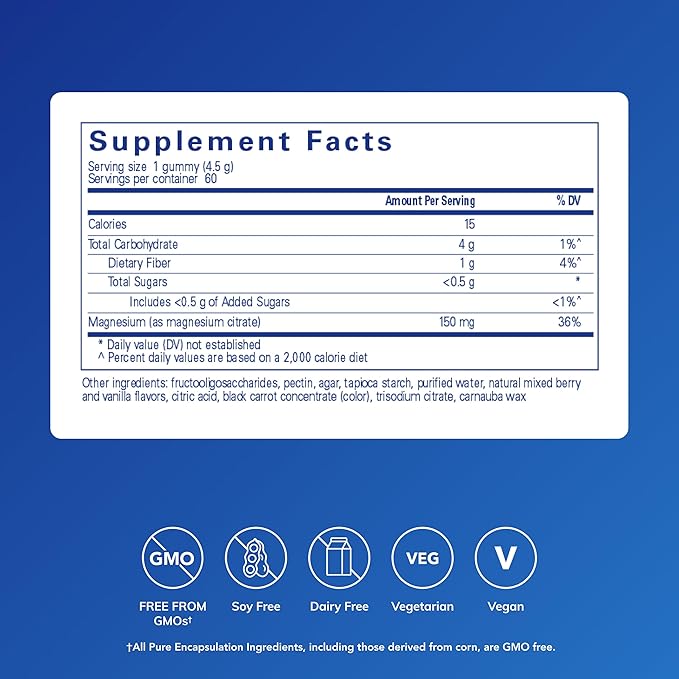 Pure Encapsulations Magnesium Gummy - Magnesium Citrate - Supports Heart Health & Relaxation* - for Children & Adults - Vegan & <0.5g Sugar per Gummy - 60 Gummies