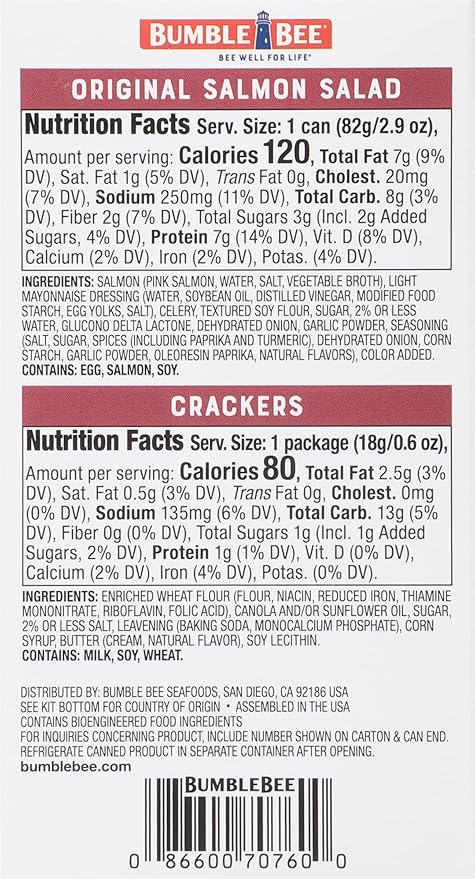 Bumble Bee Snack On The Run! Protein Snack Pack - 8g Protein per Box - Salmon Salad with Crackers Kit - Ready to Eat Easy-Open Can - Wild Caught MSC-Certified Seafood (Pack of 12)