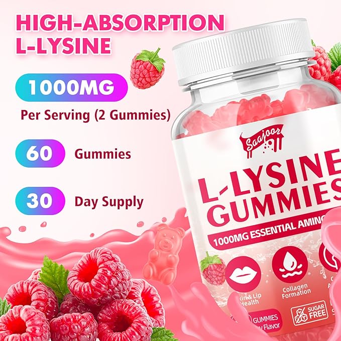 L-Lysine 1000mg Gummies for Immune Support & Skin Health - Vegan, Gluten Free Amino Acid Supplement for Adults, Raspberry Flavor, 60 Gummies