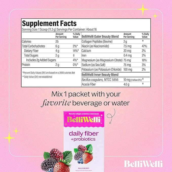 Belli Welli Daily Fiber Supplement Packets with Collagen, Probiotics & Electrolytes | Single Serve Packets for Gut Health, Digestion & Debloating | Wild Berry | 10 Count