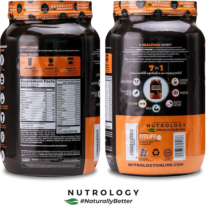 Nutrology TRIPACT Protein Powder - 7-in-1 Meal Replacement Shake with Grass Fed Whey Protein Powder, Pea, Rice, & Greens - Boost Muscle Recovery & Immunity, Creamy Chocolate Flavor, 40 Servings