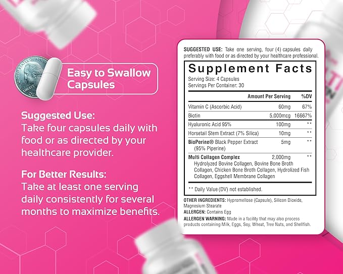 CogniTune Multi Collagen Peptides for Women with Biotin, Hyaluronic Acid, Vitamin C - 5 Types I II III V X Colageno Hidrolizado - 2000mg Hair Skin Nails Joints Support - 120 Capsules