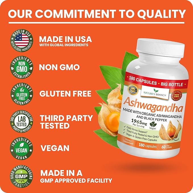 UDAF Certified Organic Ashwagandha with Black Pepper, 1965mg - Extra Strength for Stress, Sleep, Mood, Thyroid, Energy, Hair, Vegan Pure Root Extract Powder Supplement for Men and Women | 180 Capsules