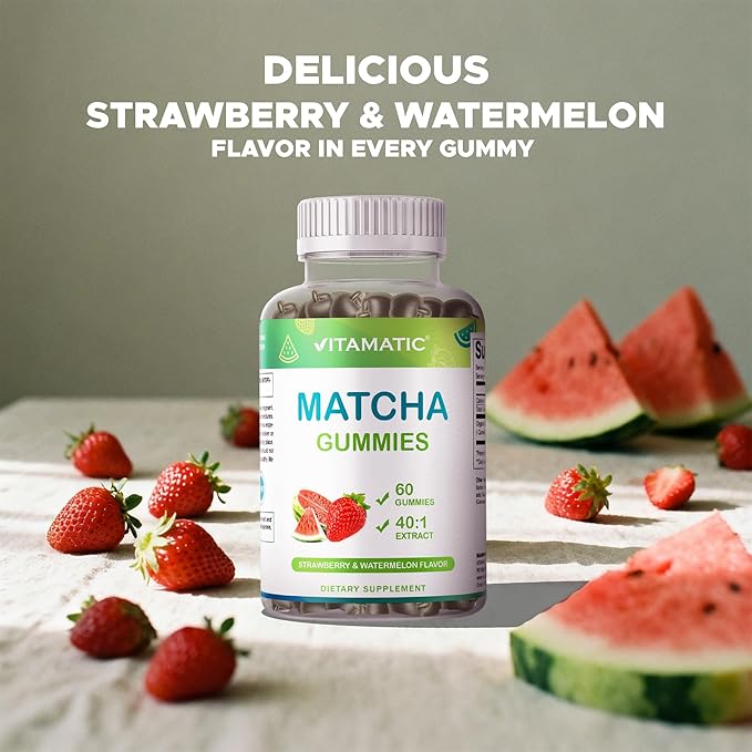 Vitamatic Matcha Gummies 60 Count | Strawberry & Watermelon Flavor - Non-GMO