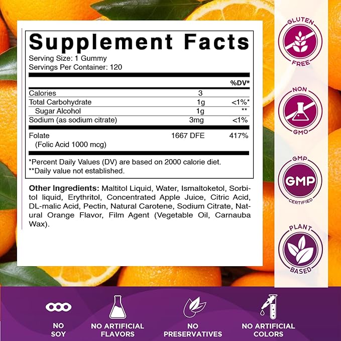 Vitamatic Folic Acid Gummies 1000 mcg (1 mg) – Essential Prenatal Vitamin B9 for Mom & Baby – 120 Vegan Gummies per Bottle – 2 Pack