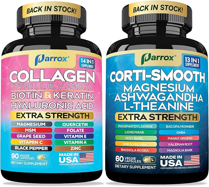 Shining Serenity Set, Cortisol Support with Ashwagandha, L-Theanine, Magnesium, Lions Mane, GABA, Bacopa Monnieri, Collagen I, II, III, V, X, Folate, Biotin, Keratin, Hyaluronic Acid, Quercetin