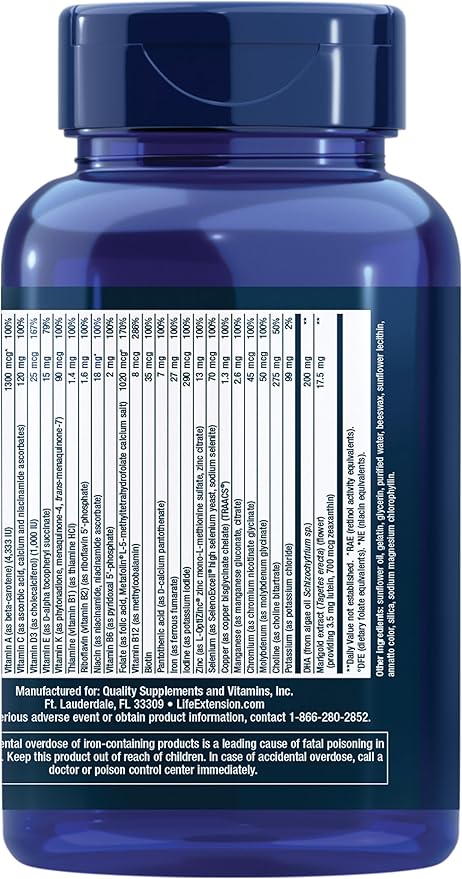 Life Extension Prenatal Advantage, Women’s multivitamin, Baby Support, folic Acid, Choline, omega-3s, Vitamin C, D3, B1, B6, B12, zinc, niacin, Gluten Free, Non-GMO, 120 softgels