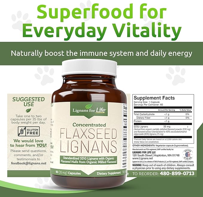 Lignans For Life Flaxseed Lignans for Dogs + SDG - Omega 3 Fatty Acids, High Fiber Antioxidants Helps Improve Shiny Coat, Digestive & Heart Health Lignans, 35mg, 90 Flaxseed Capsules, 2 Pack