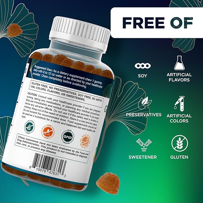 Vitamatic Ginkgo Biloba & Bacopa Gummies – Plant-Based Botanical Extract – Natural Peach Flavor – Vegan, Non-GMO, Gluten-Free – Herbal Supplement – 60 Count