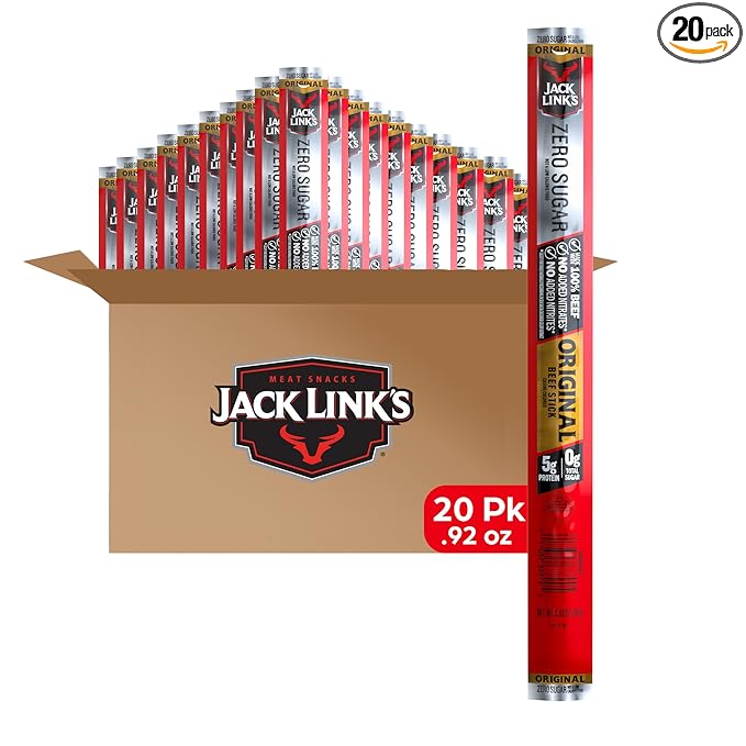 Jack Link's Original Zero Sugar Beef Sticks - (20 Pack) 0.92 oz Meat Sticks - Ready to Eat Protein Snacks - 5g Protein per Serving - Made with 100% Real Beef