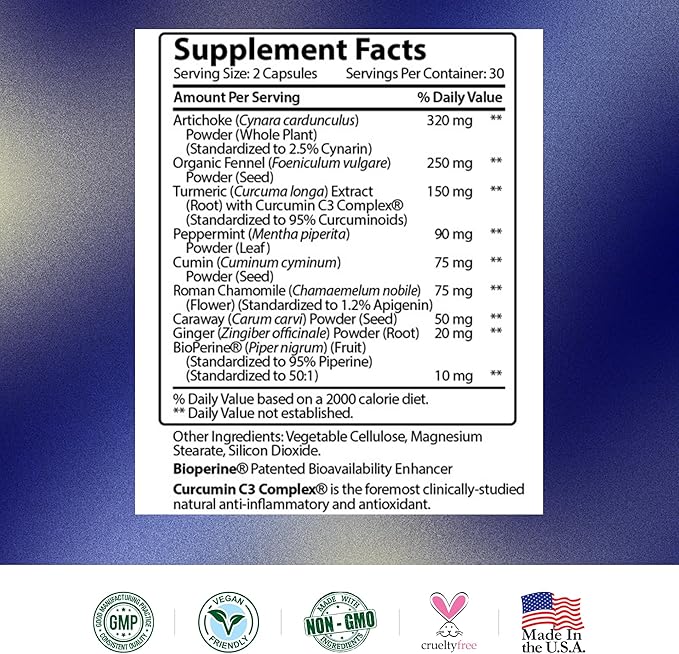Research Verified Gas and Bloating - Relax Intestinal Muscles, Eliminate Gas Buildup - Artichoke Powder, Ginger, Peppermint Leaf Powder - 180 Capsules - Vegan
