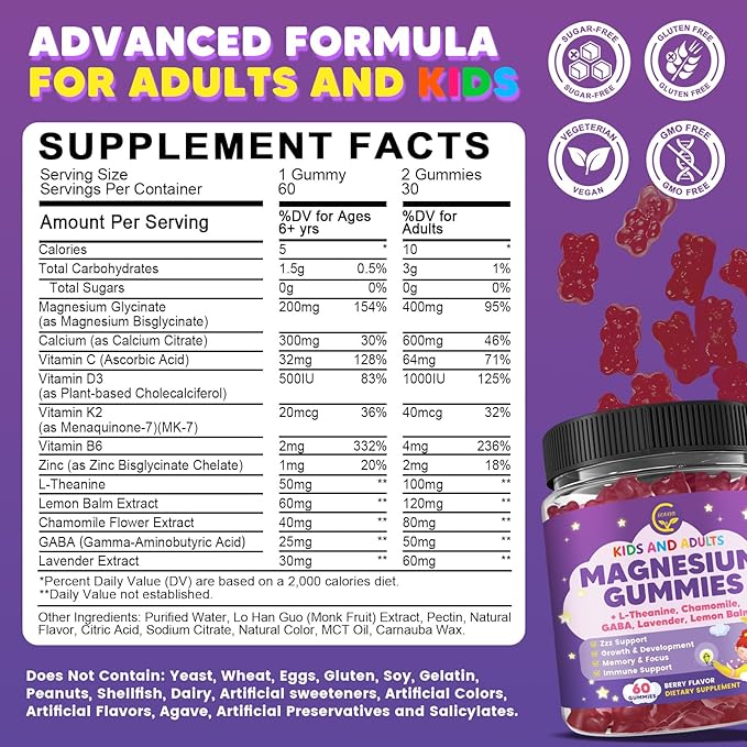 Magnesium Glycinate Gummies 400/200mg for Kids & Adults, NO Melatonin Sleep Aid Magnesium Supplement Gummies with Chamomile, Lavender, L-Theanine & GABA, B6, D3 & K2 for Bone, Relax, Immune Support