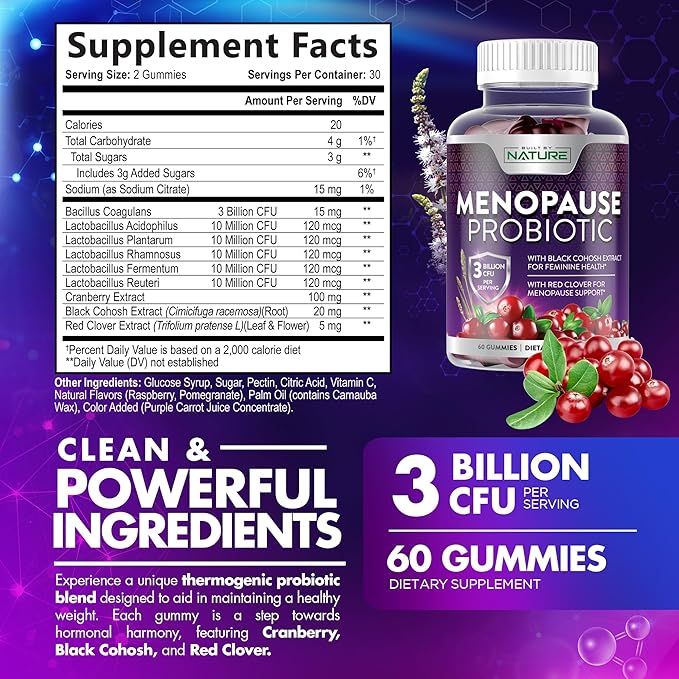 Menopause Supplements for Women - Menopause Probiotic Gummy - Women’s Menopause Relief for Hot Flashes, Night Sweats & Mood Swings with Black Cohosh & Cranberry - Non-GMO, Vegan - 60 Gummies